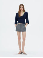 V-Neck Batwing Sleeve Waist-Cinching Knit Top