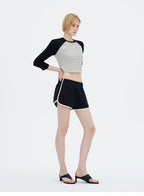 Contrast Raglan 3/4 Sleeve Curved Hem Cropped T-Shirt