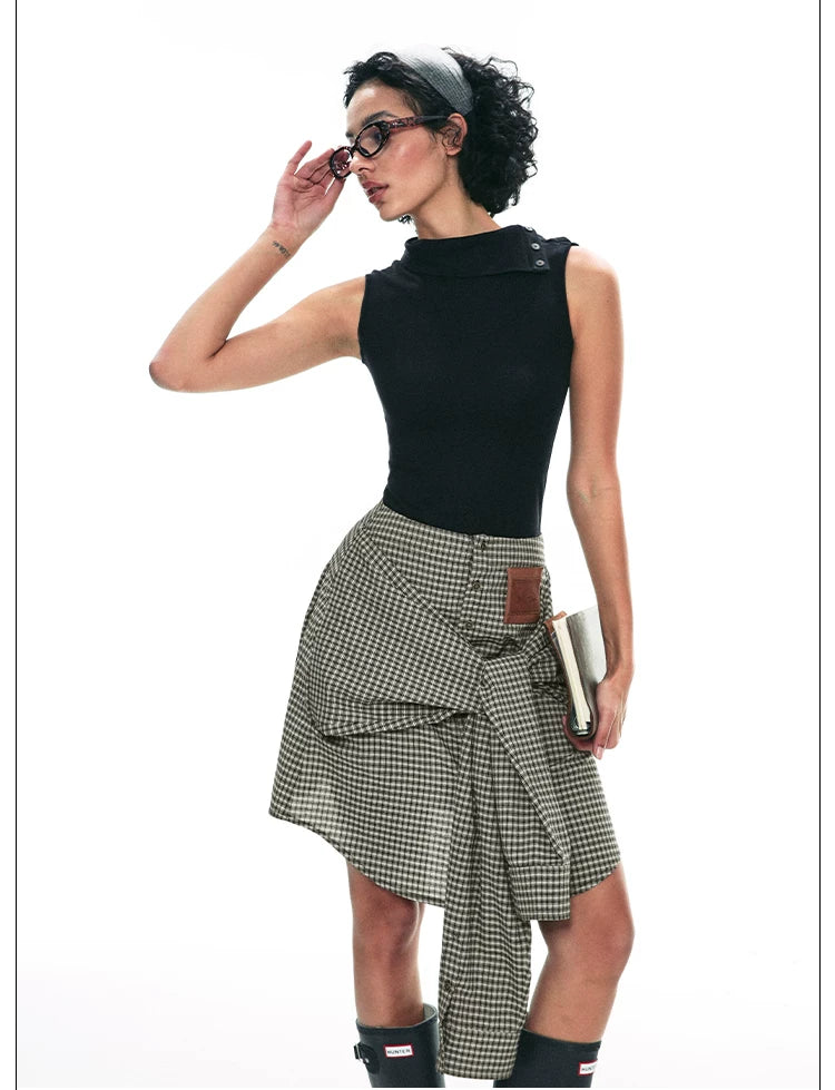 Deconstructed Plaid Shirt Dress with Irregular Two-Way Design