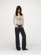 Velvet Tie U-Neck Half-Placket Fitted Knit Top
