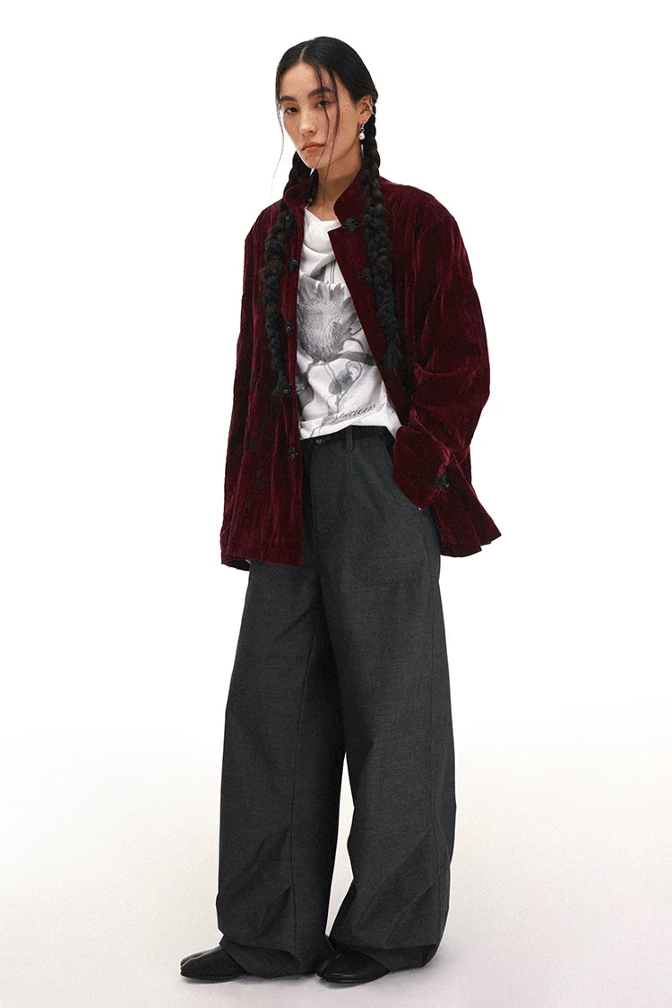 Year of the Horse Velvet Embroidered Chinese Frog Button Stand Collar Cardigan Jacket