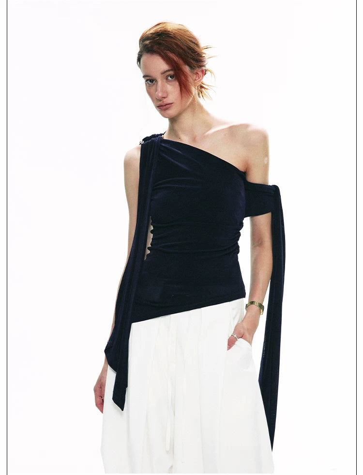 French-Inspired Acetate One-Shoulder Tie Detail Sleeveless Top