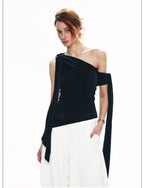 French-Inspired Acetate One-Shoulder Tie Detail Sleeveless Top