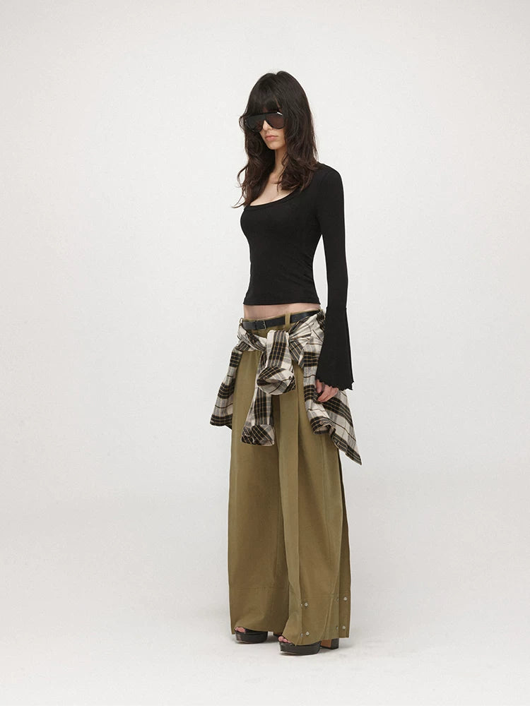 U-Neck Bell Sleeve Fitted Long Sleeve Top