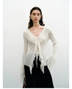 Lace Ruffle V-Neck Knit Cardigan