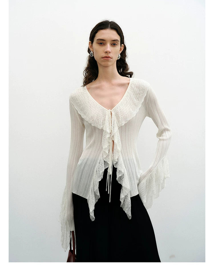 Lace Ruffle V-Neck Knit Cardigan