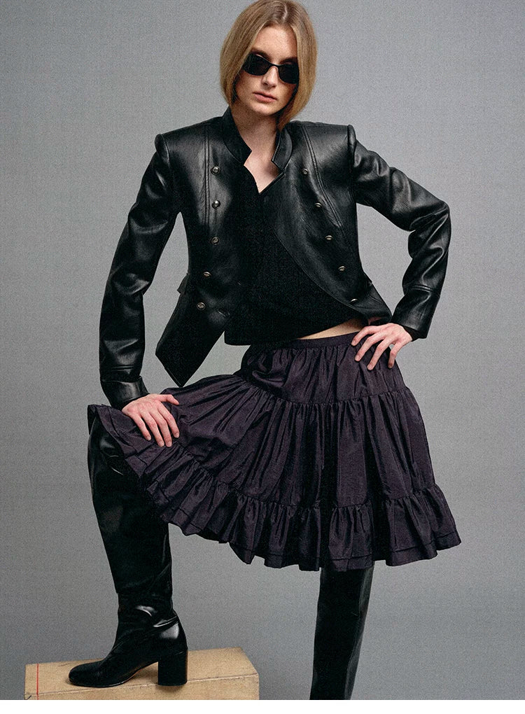 Napoleonic Metal Button Double-Breasted Structured Leather Jacket