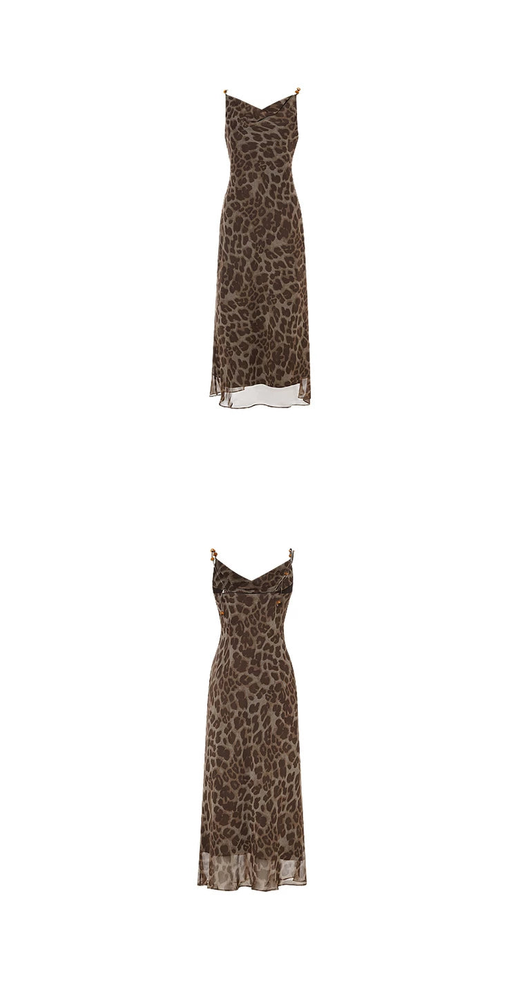 Leopard Print Chiffon Cowl Neck Bodycon Slip Dress