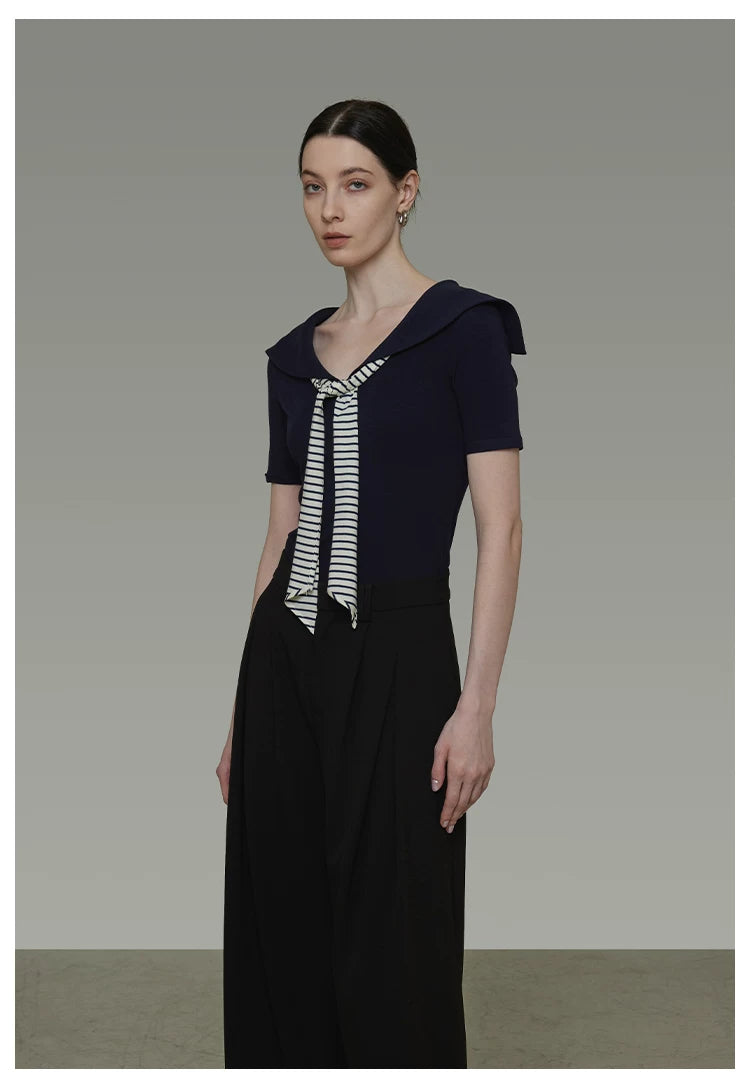 Vintage Sailor Collar Striped Knit Short Sleeve Top with Tie Detail
