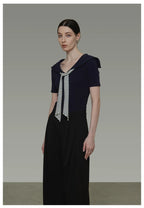 Vintage Sailor Collar Striped Knit Short Sleeve Top with Tie Detail