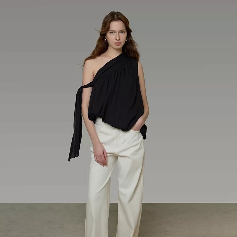 French-Inspired Asymmetric One-Shoulder Sleeveless Top with Tie Detail