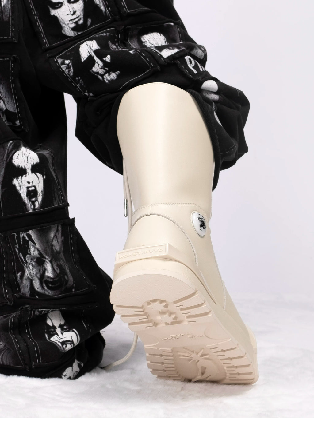 R/F White Architectural Round-Toe Platform Boots