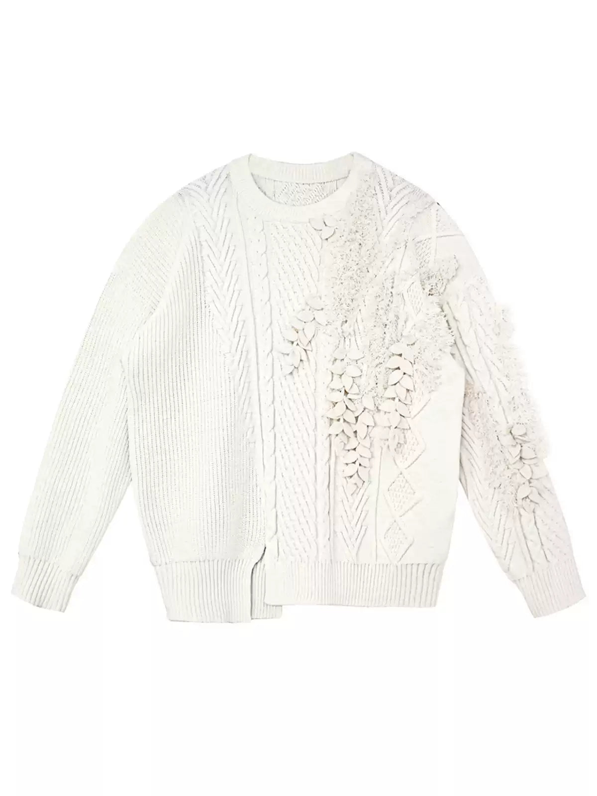 Vintage Asymmetric Chunky Knit Sweater with 3D Leaf Fringe