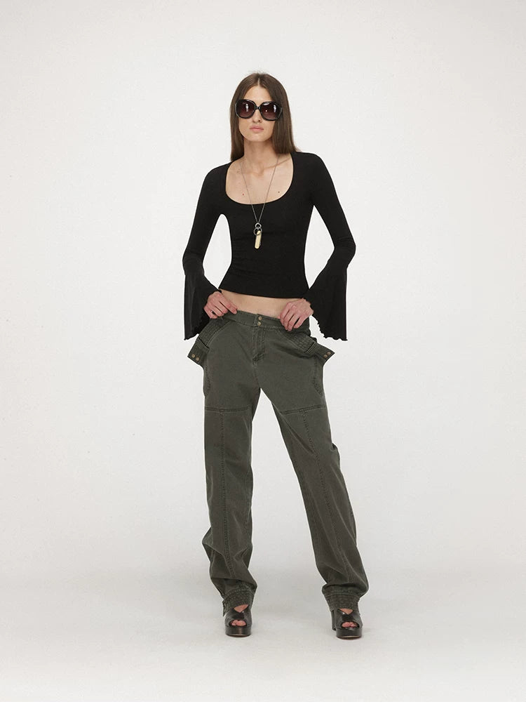 U-Neck Bell Sleeve Fitted Long Sleeve Top