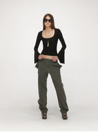 U-Neck Bell Sleeve Fitted Long Sleeve Top