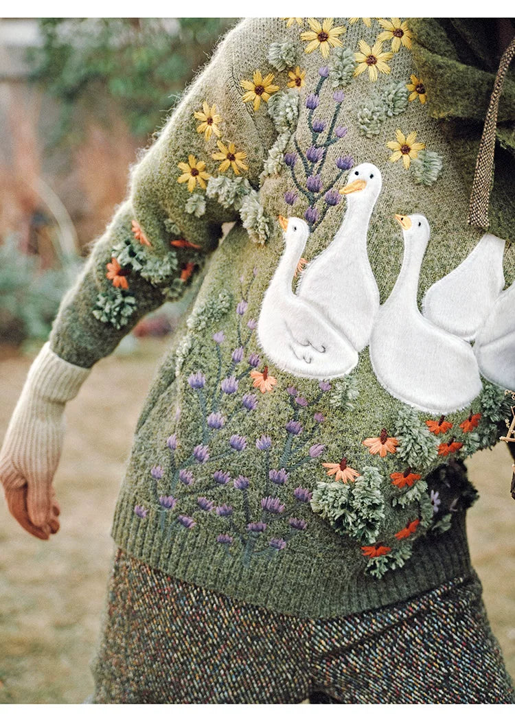 Handmade Plush Gradient Sweater with Goose Appliqué and Floral Embroidery