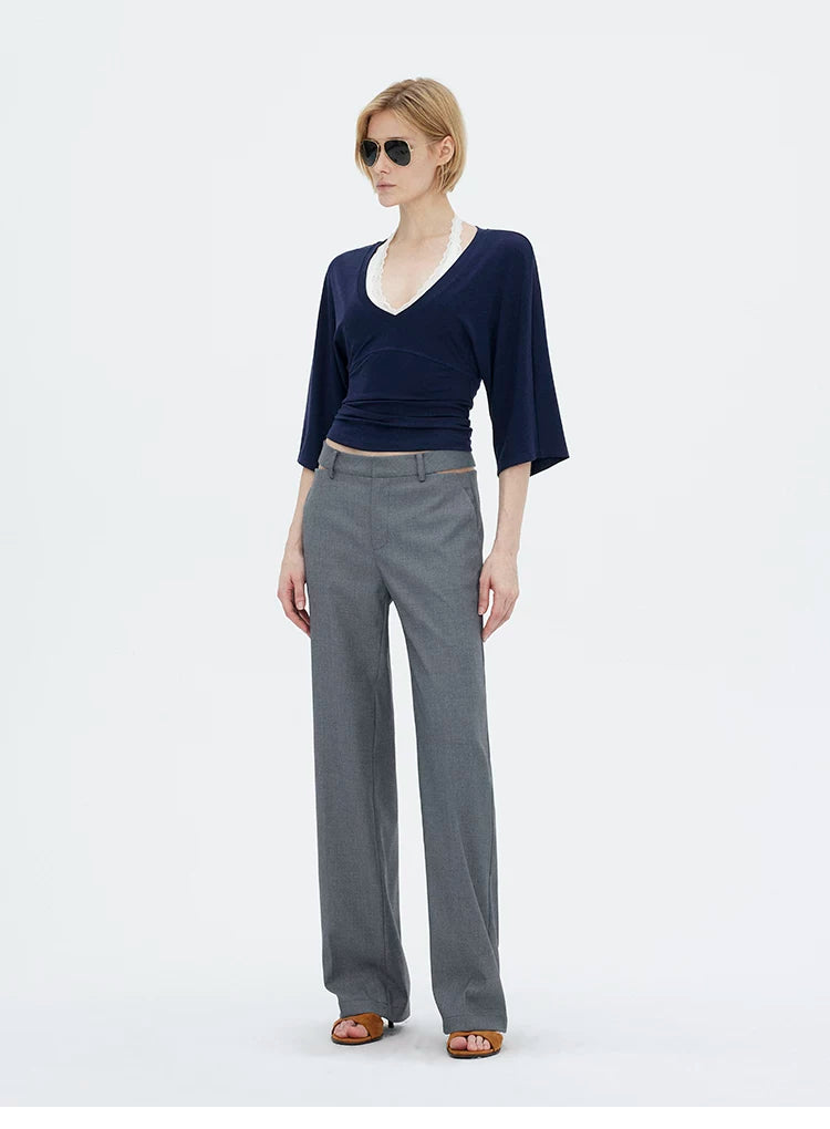 V-Neck Batwing Sleeve Waist-Cinching Knit Top