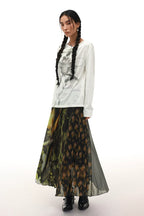 Moon Neck Asymmetric Floral Long Sleeve T-Shirt