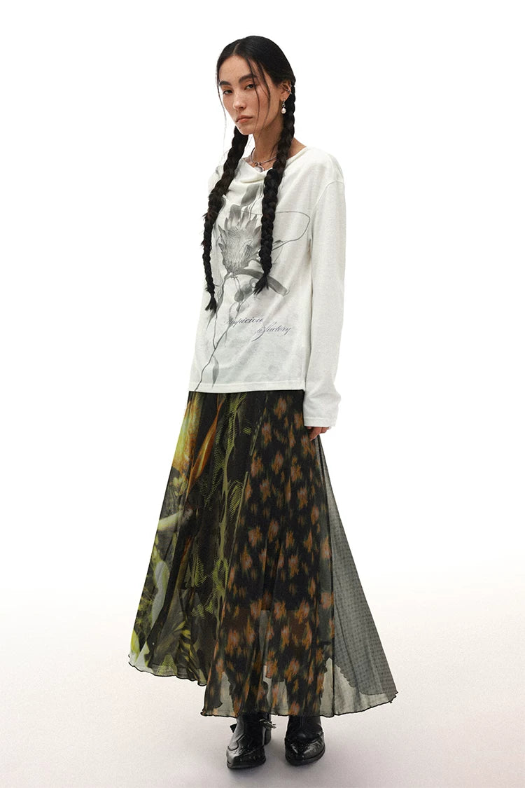 Moon Neck Asymmetric Floral Long Sleeve T-Shirt