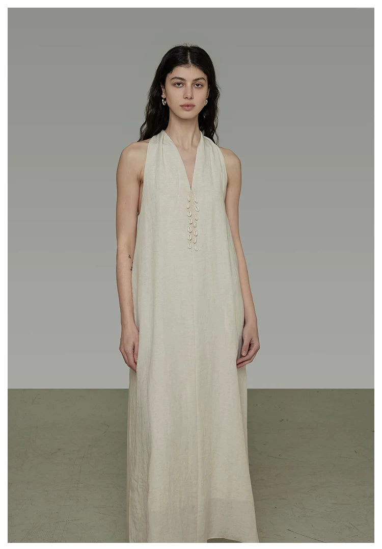 Halter Neck V-Neck Sleeveless A-Line Maxi Dress