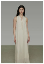 Halter Neck V-Neck Sleeveless A-Line Maxi Dress