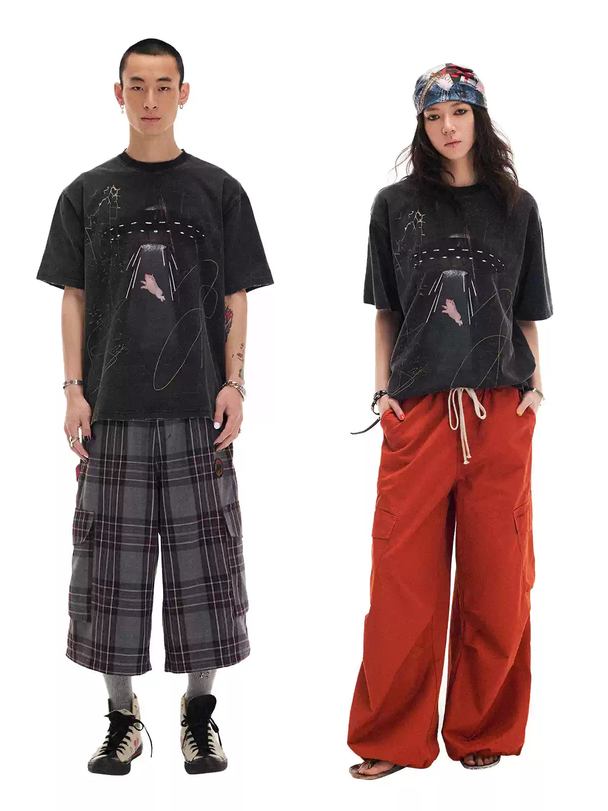 Alien UFO Pig Graphic Short Sleeve T-Shirt