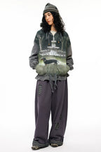 Jack Graphic Distressed Ruched Patchwork Zip-Up Hoodie