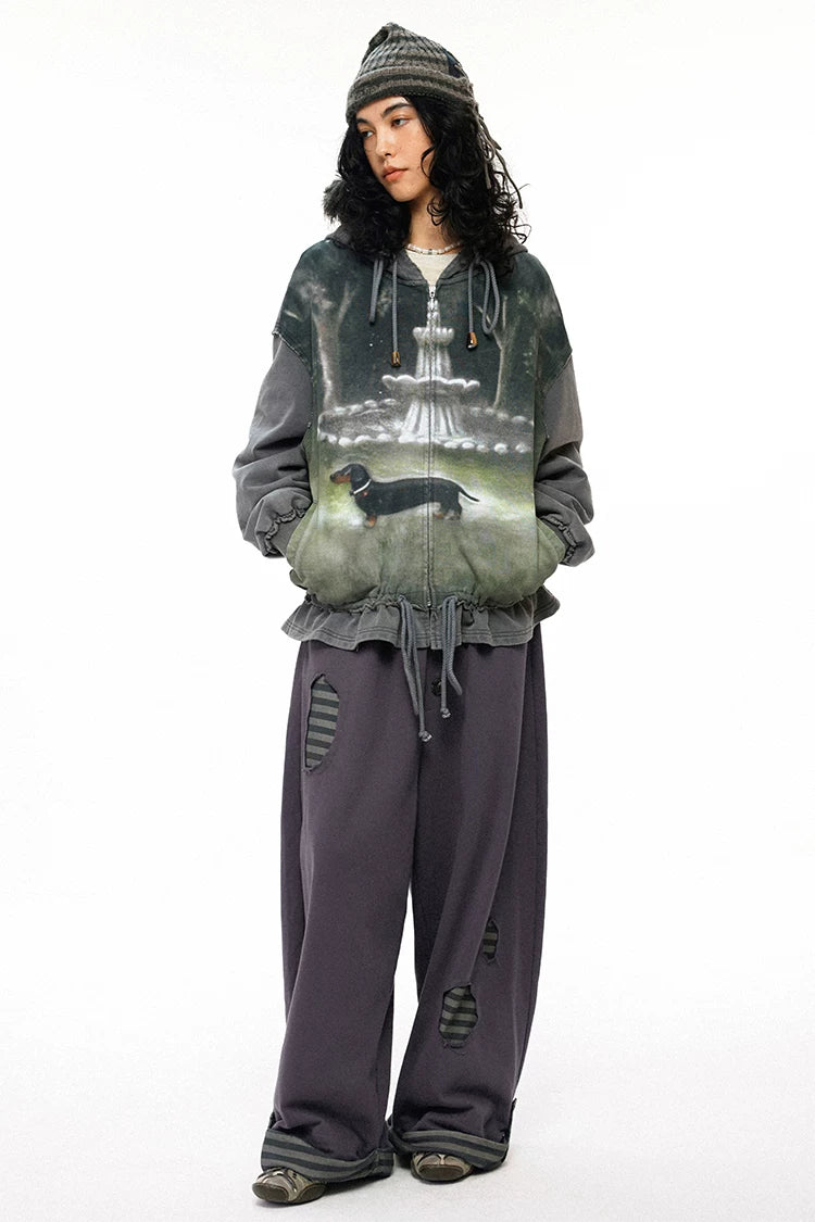 Jack Graphic Distressed Ruched Patchwork Zip-Up Hoodie