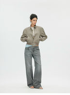 Vintage Washed Cropped Jacket with Plaid Lining