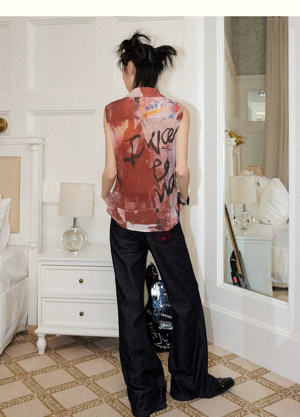 Distressed Sheer Portrait Print Sleeveless Shirt