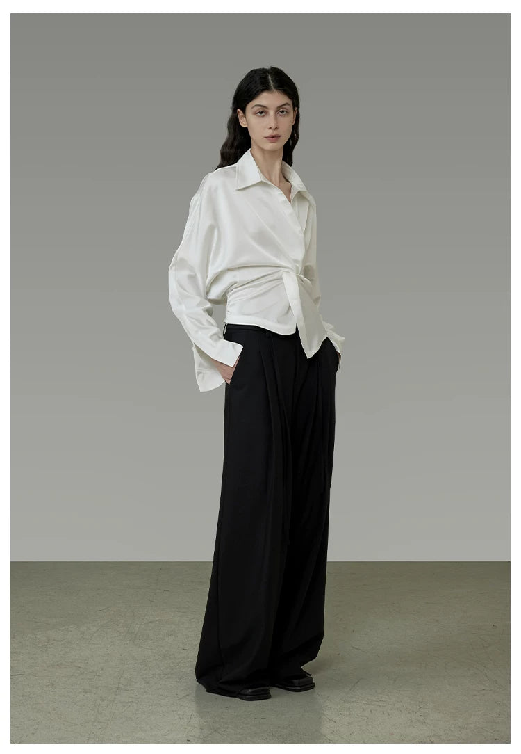 French-Inspired Satin V-Neck Twist Knot Blouse