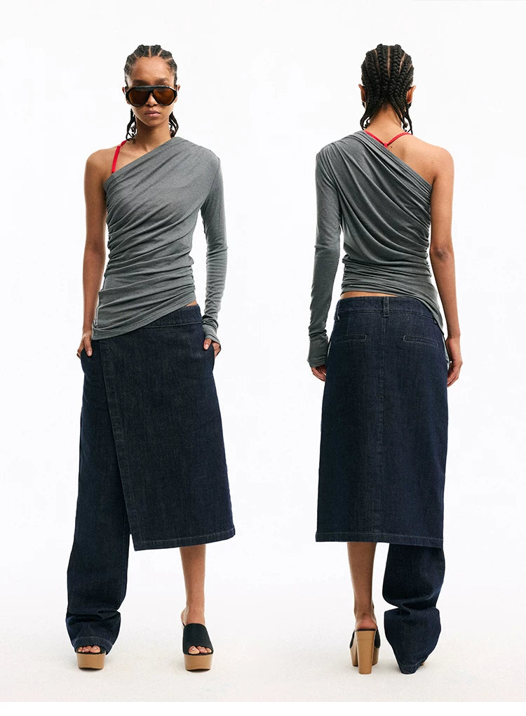Asymmetric Ruched One-Shoulder Fitted T-Shirt
