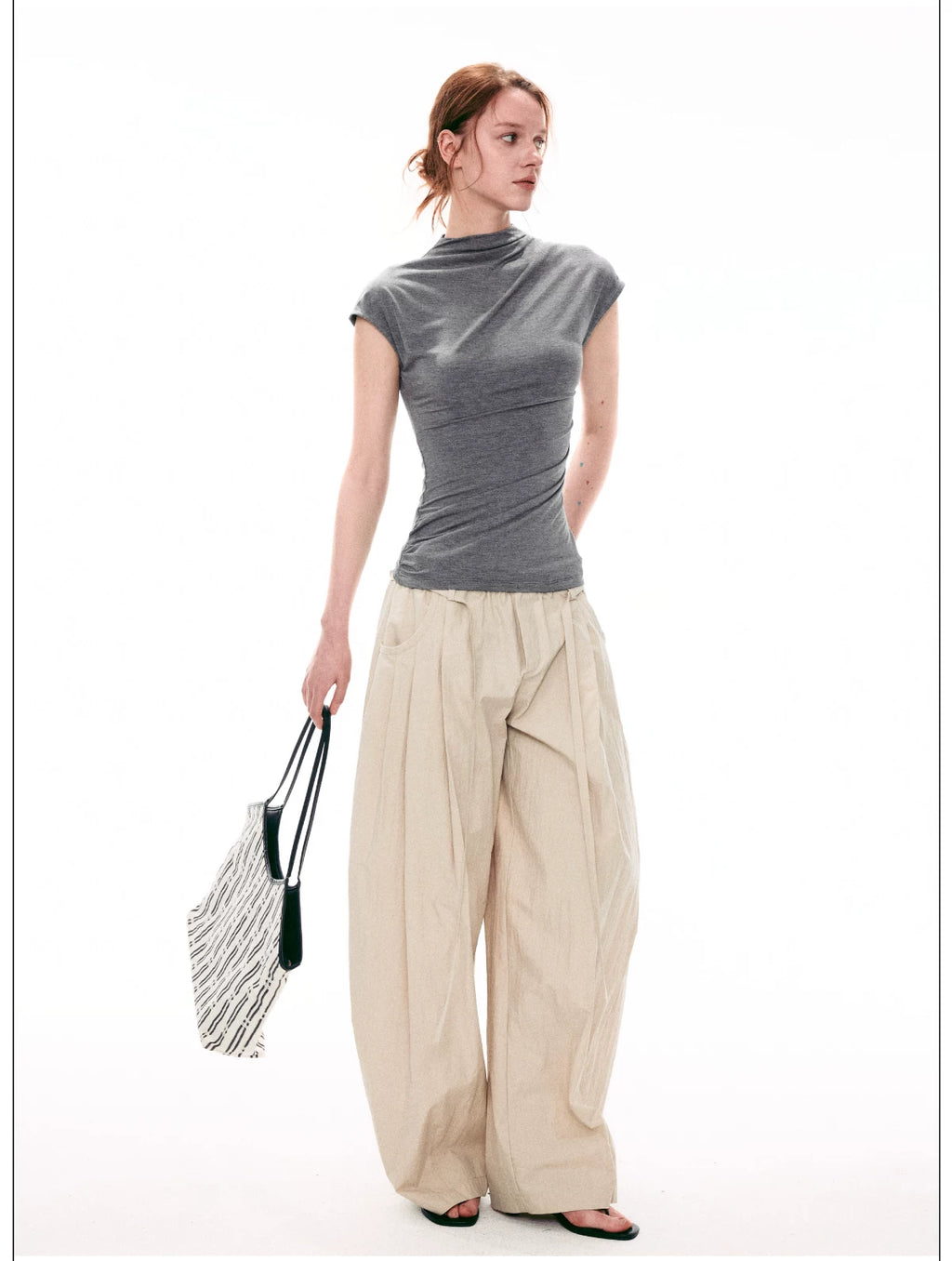 French-Inspired Mock Neck Ruched Slim-Fit Cap Sleeve Top