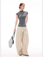 French-Inspired Mock Neck Ruched Slim-Fit Cap Sleeve Top