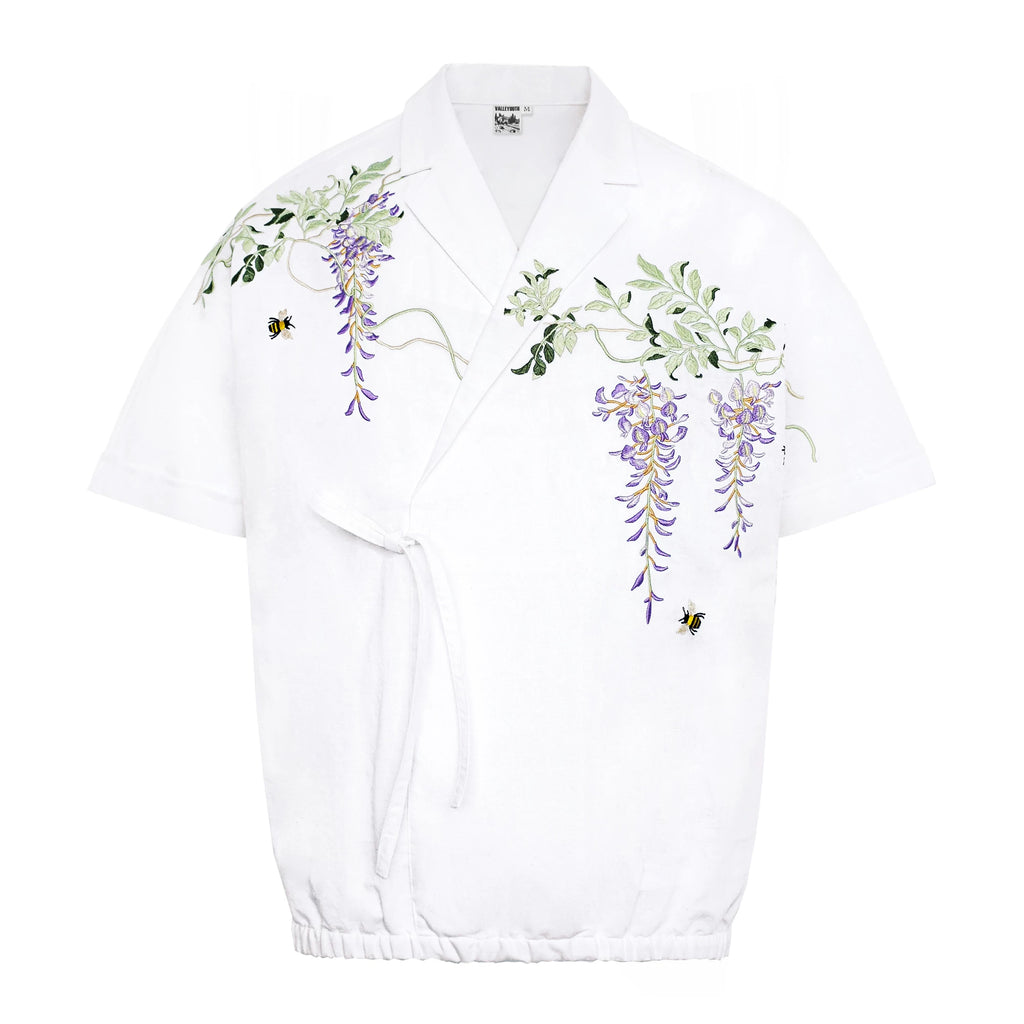 Vintage Wisteria Embroidered Cotton Linen Short Sleeve Shirt