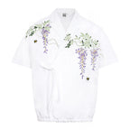 Vintage Wisteria Embroidered Cotton Linen Short Sleeve Shirt