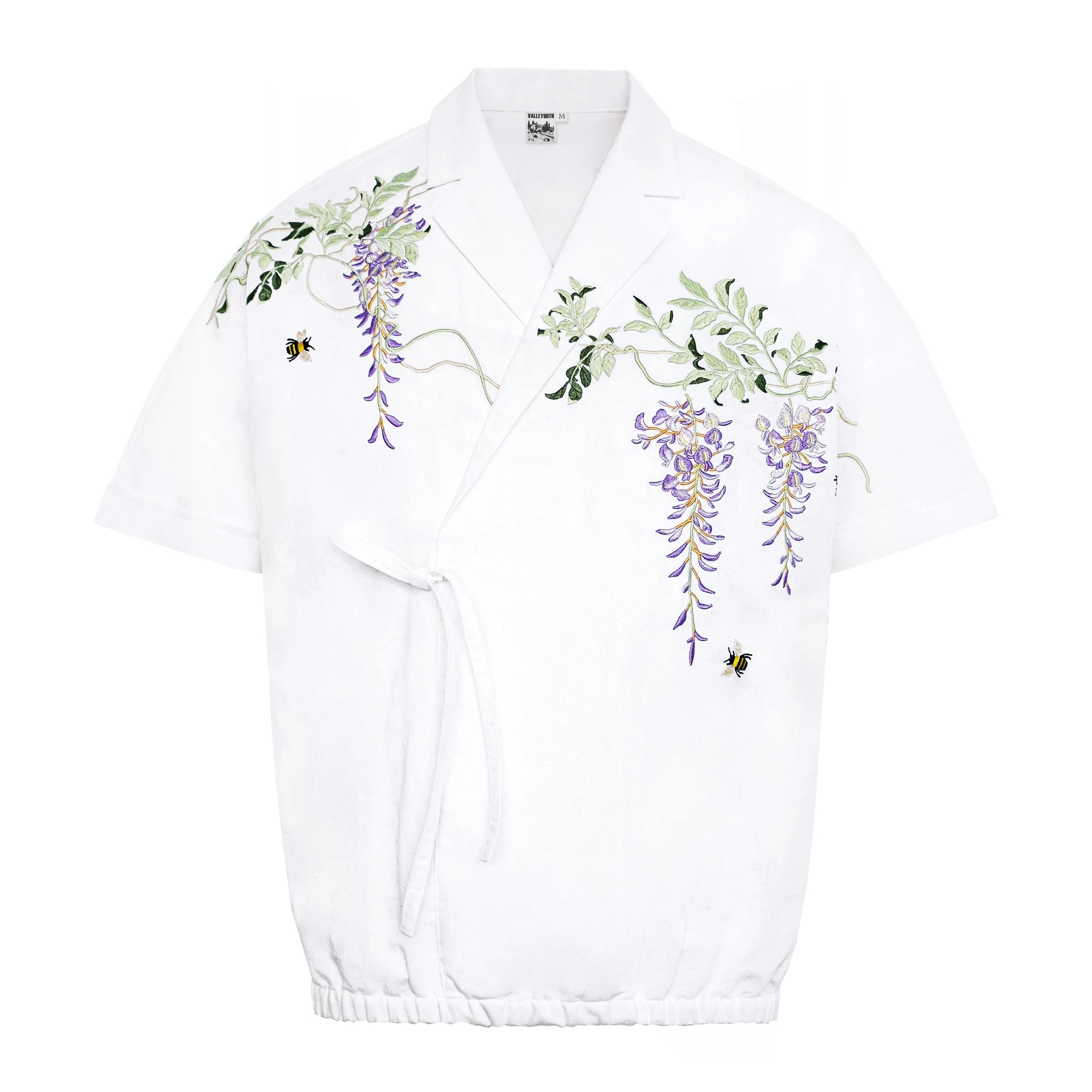 Vintage Wisteria Embroidered Cotton Linen Short Sleeve Shirt