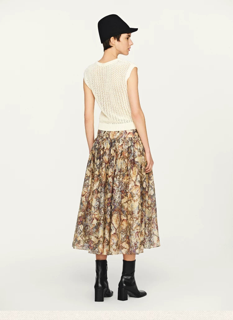 Mosaic Print Crinkle Pleated Midi Skirt