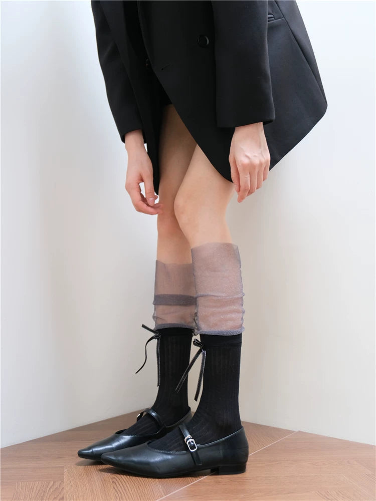 Quiet Luxury Ribbed Crew Socks with Sheer Mesh Cuffs Secondary image