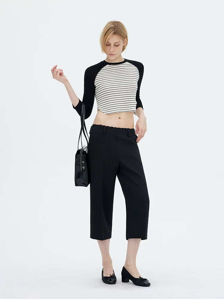 Lace Waist Straight-Leg Cropped Tailored Pants