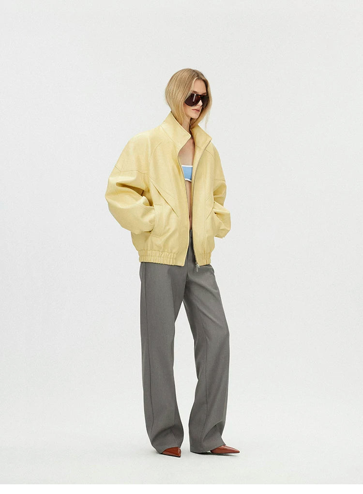 Butter Yellow Curved-Shoulder Leather Bomber Jacket