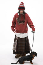 Vintage Plaid Lace Patchwork Layered Midi Skirt