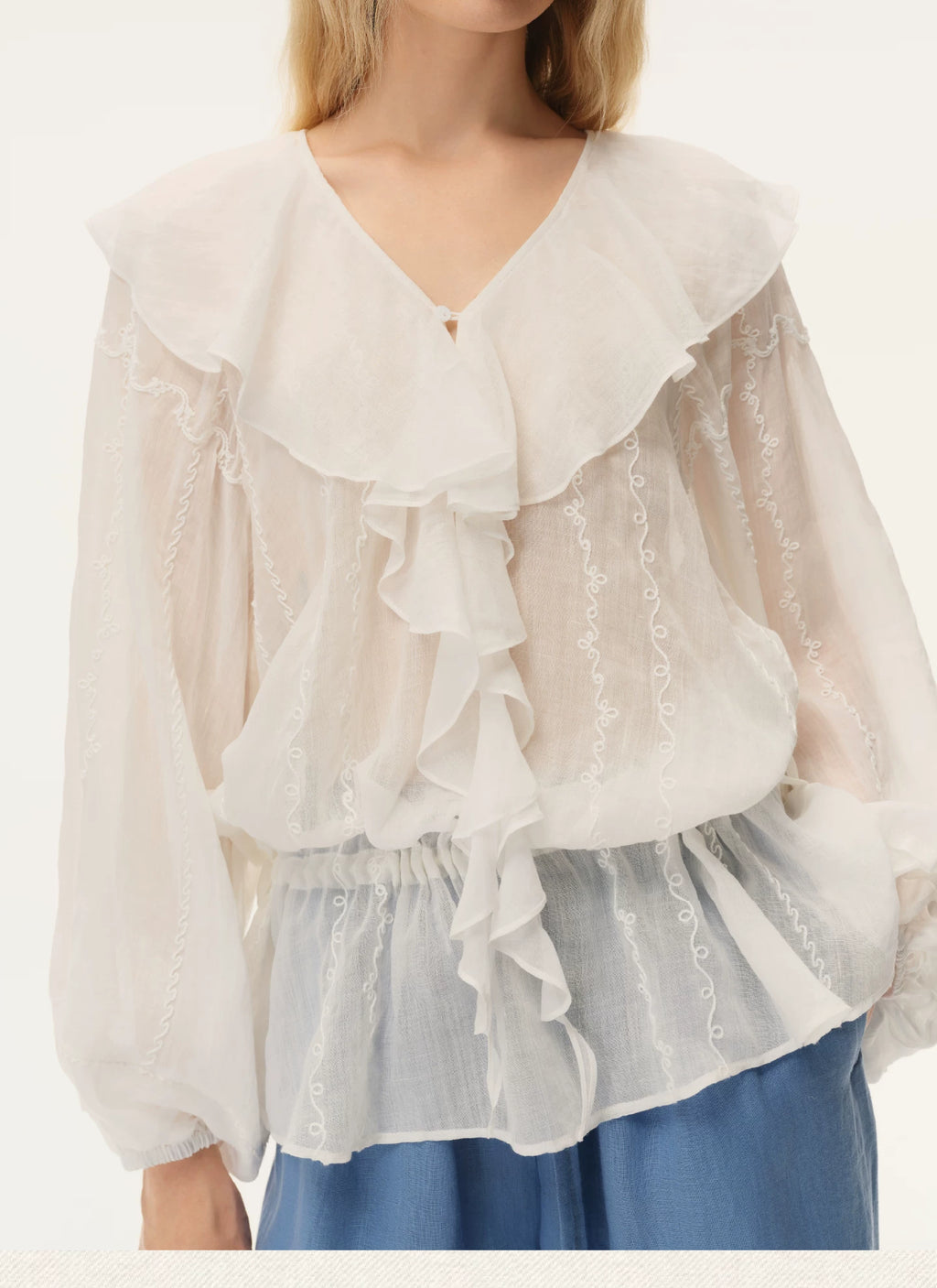 Embroidered Ruffle Collar Blouse
