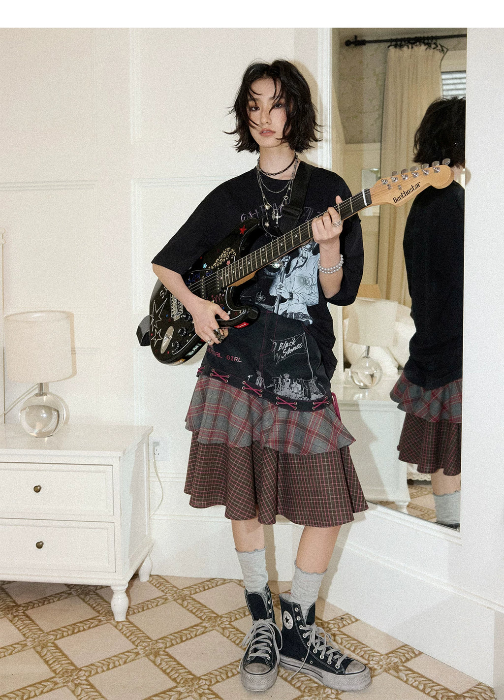 NANA Collaboration Plaid Patchwork Lace-Up Tiered Skirt