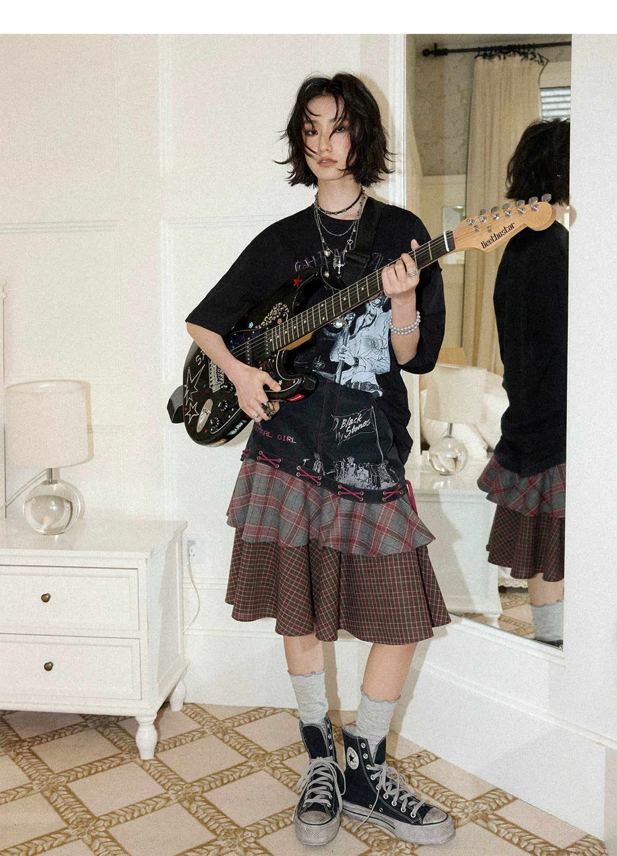 NANA Collaboration Plaid Patchwork Lace-Up Tiered Skirt