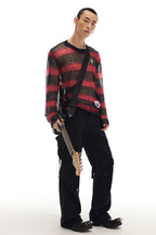 Soft Wool & Mohair Striped Open-Knit Distressed Sweater