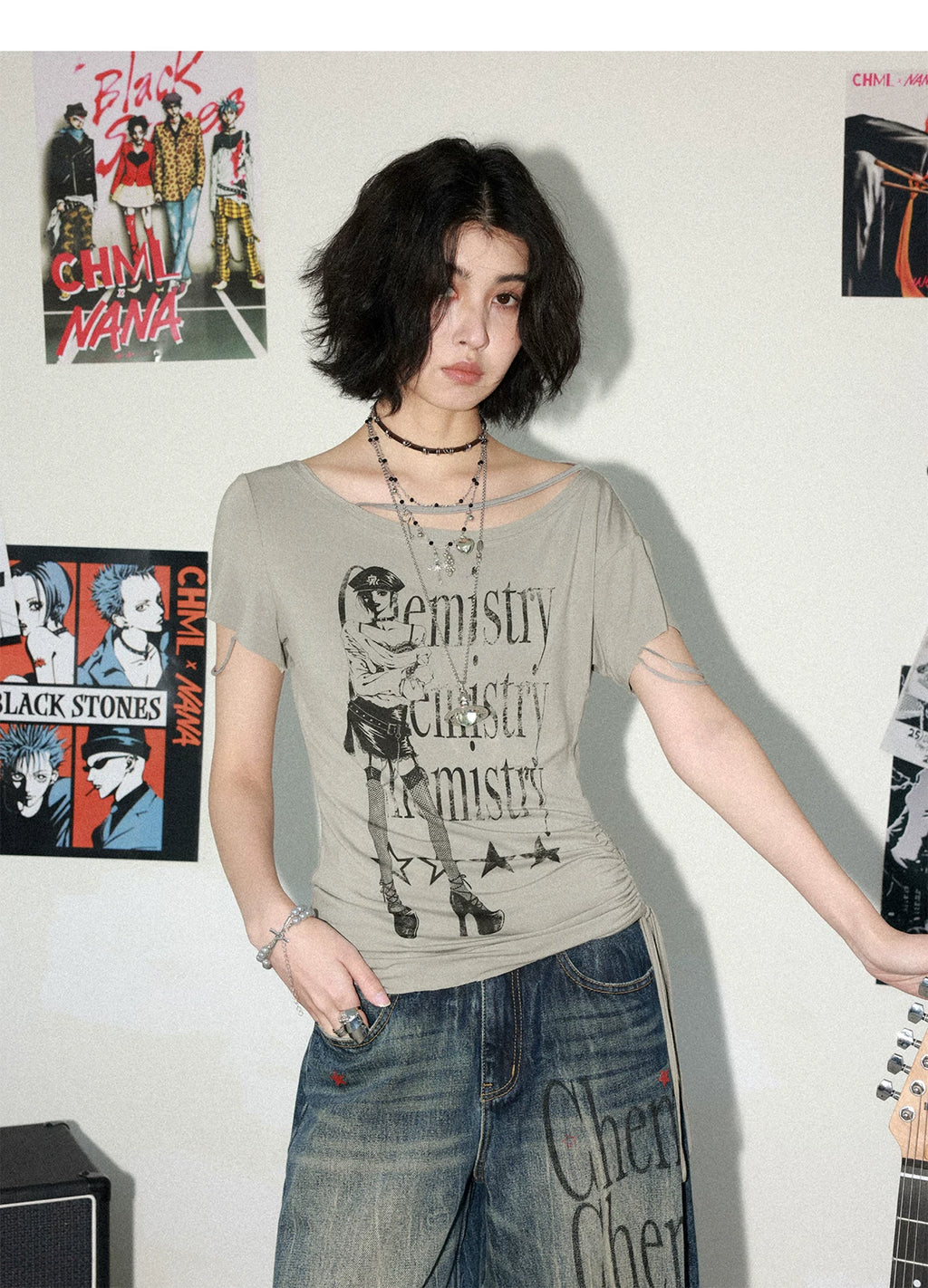 NANA Collaboration Distressed Drawstring Off-Shoulder Short Sleeve T-Shirt