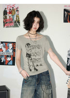 NANA Collaboration Distressed Drawstring Off-Shoulder Short Sleeve T-Shirt