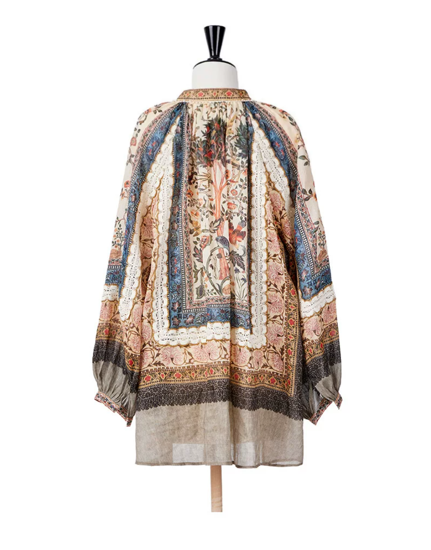 Vintage Boho Floral Print Lace Patchwork Ramie Blouse