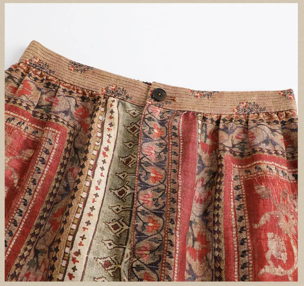 Boho Linen Placement Print Wide-Leg Pants